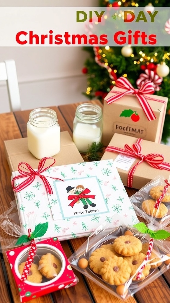 DIY Christmas Gift Ideas A display of DIY Christmas gifts including candles, photo albums, and baked treats on a wooden table.